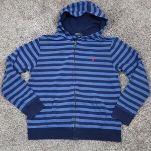 Vintage Polo Ralph Lauren Kids Blue Striped Full Zip Hoodie Size L 14 16 Cotton